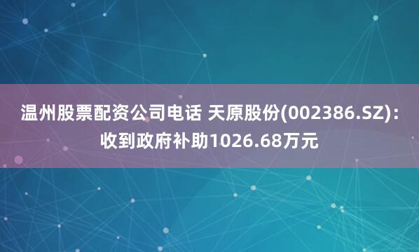 温州股票配资公司电话 天原股份(002386.SZ)：收到政府补助1026.68万元